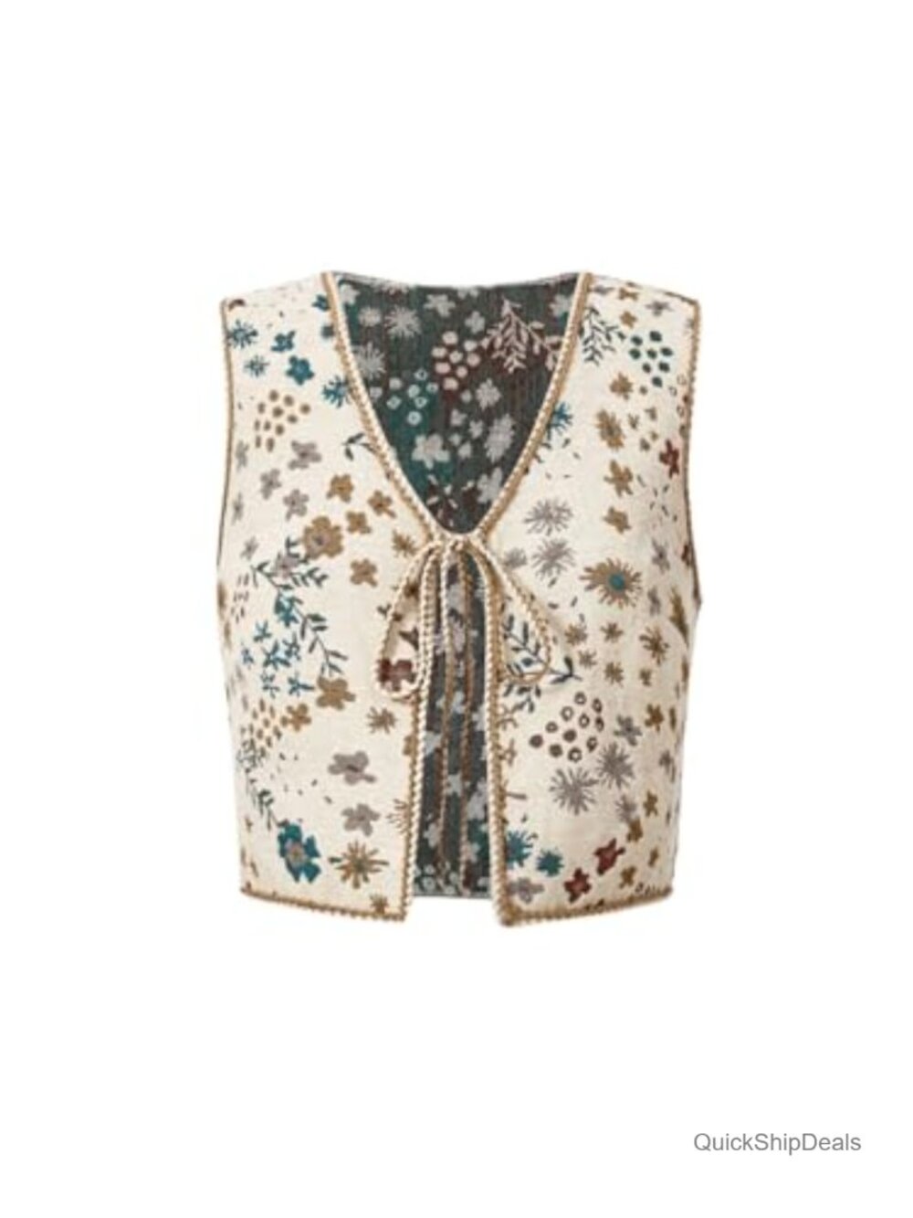 Women's Floral Embroidered Sleeveless V-Neck Crop Waistcoat Vest